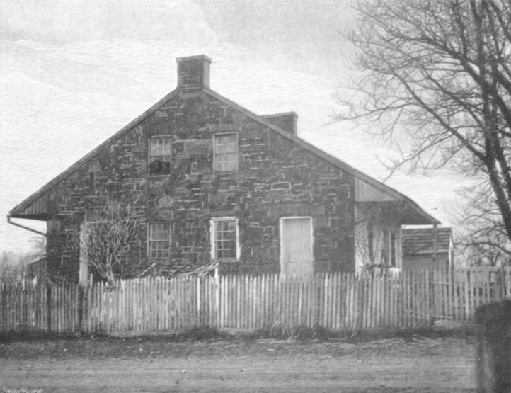 Black and white photograph of a small A-Frame two story house, surrounded by a picket fence, near Cashtown, Lee's headquarters.