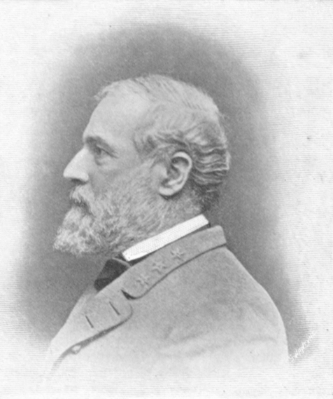 Black and white photographic portrait of Robert E. Lee,  in profile, in uniform.