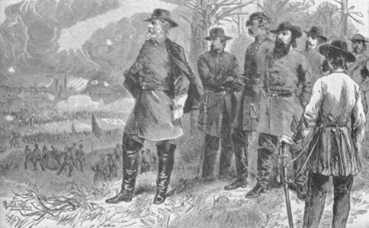 Black and white engraving of General Lee in uniform, with a cape and high boots, and several men standing behind him in uniform. They overlook a battlefield.