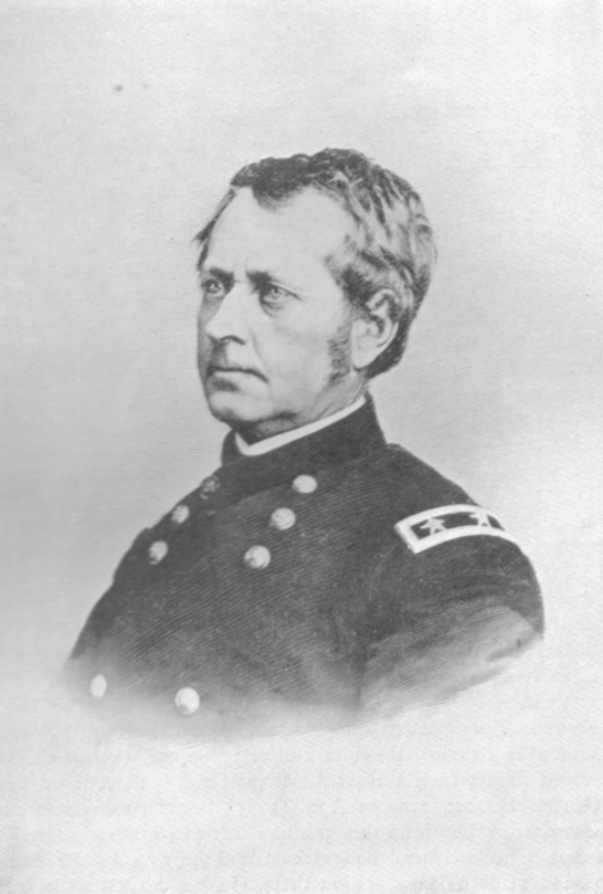 Black and white photographic portrait of General Joseph Hooker,  in profiles, in uniform.