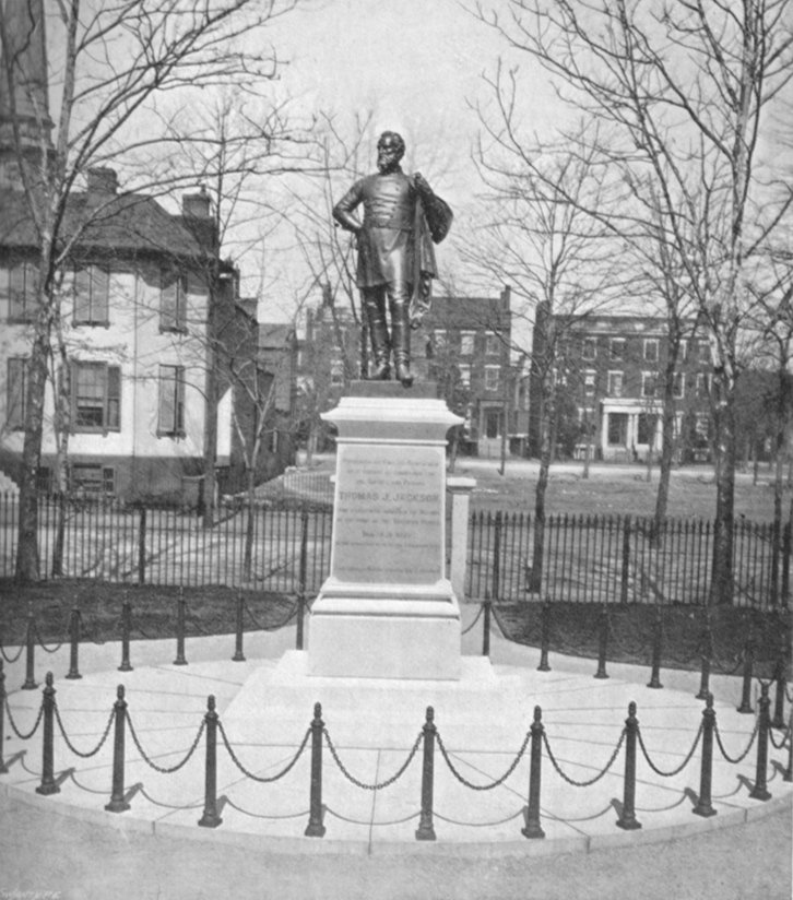 Black and white photograph of a statue of General Jackson, in uniform Lee, in Capitol Square, Richmond, Va.