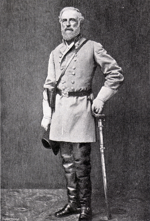 Photograph of a full-length portrait of General Robert E. Lee in field uniform. Taken expressly for Queen Victoria.