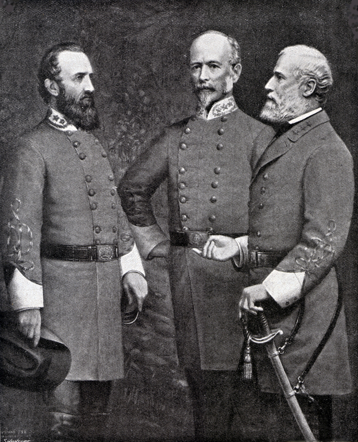 Photograph of Stonewall Jackson (left), Joseph E. Johnston (middle) and Robert E. Lee (right), all in uniform.  Stonewall is holding his hat, and Lee has his hand on hos sword at his side.