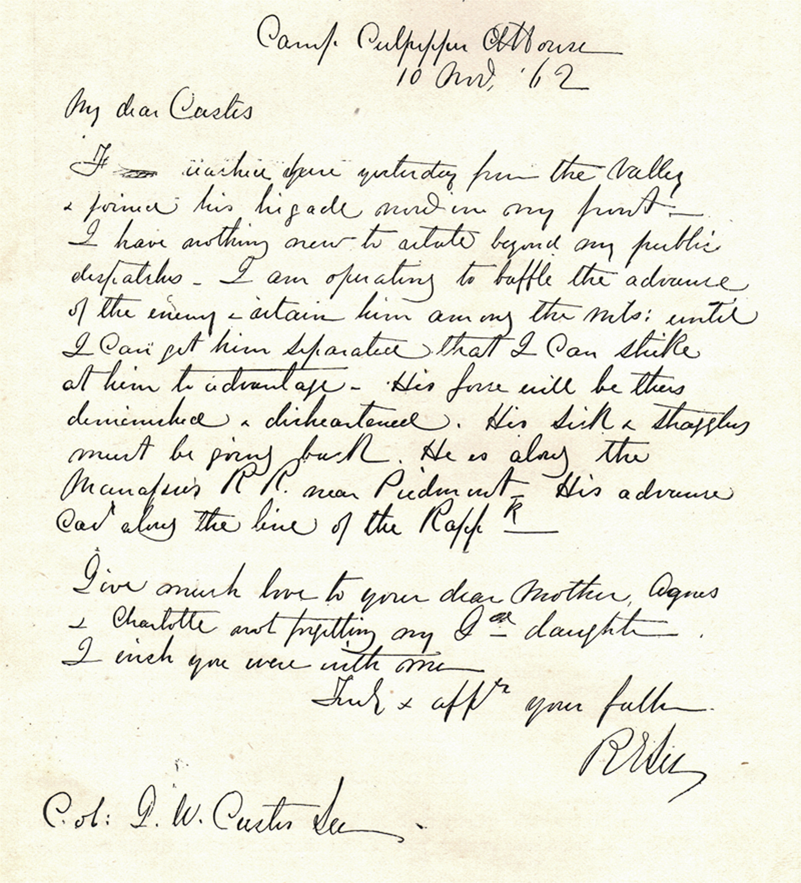 Copy of a letter from Robert E. Lee to Custis Lee, 1862.