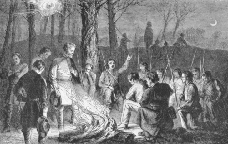 Black and white engraving of General Lee standing around a campfire with several men seated, standing, or kneeling around it, in uniform, many with bayonets.