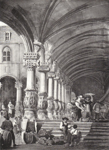 Black and white sketch of the cloister of the Palais de Justice of the Prince-Bishops at Liege, before WWI, drawn by W. Clarkson Stanfield, R.A.