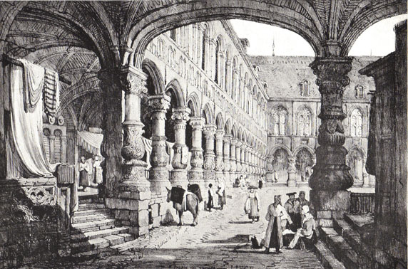 Black and white sketch of the quadrangle or inner courtyard of the Palais de Justice of the Prince-Bishops at Liege, before WWI, drawn by S. Prout.