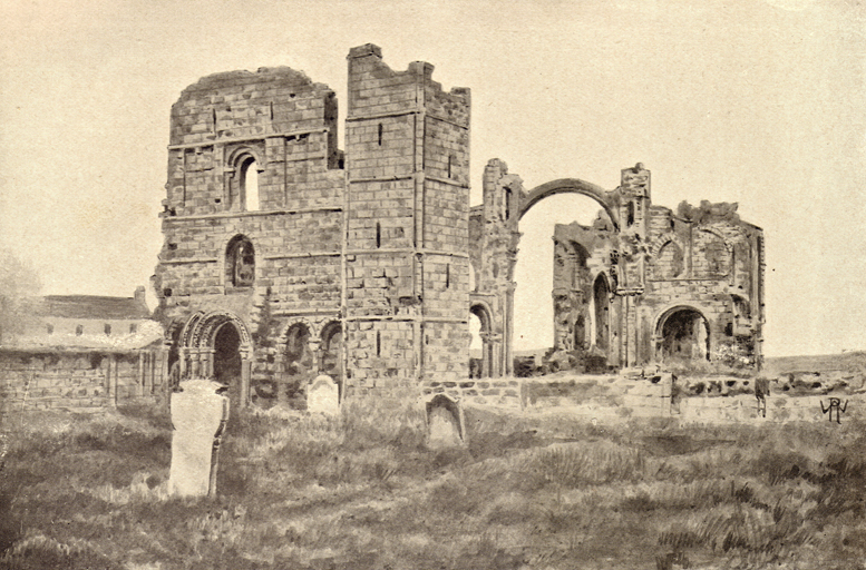 photograph of the ruins of Lindisfarne Abbey, on Holy Island in England, built in 1093 century by the Benedictine order.