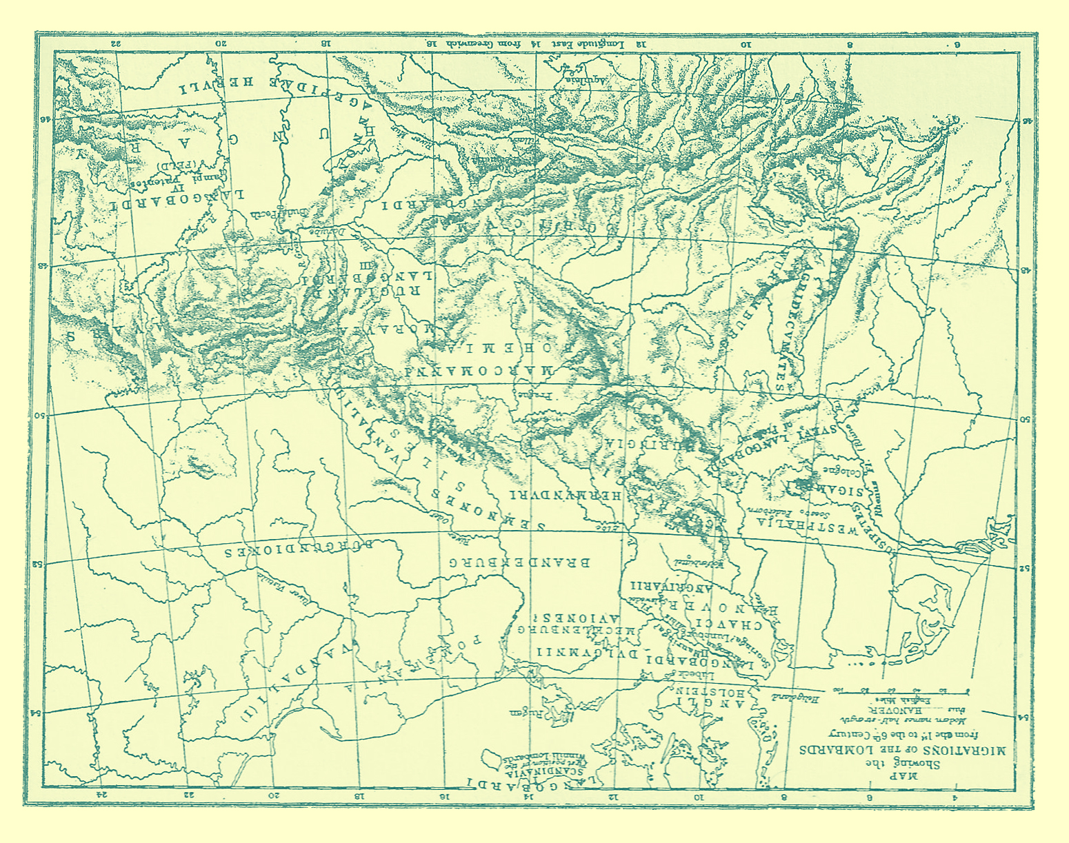 Map of Langobard migrations from the 1st to the 6th Century A.D.