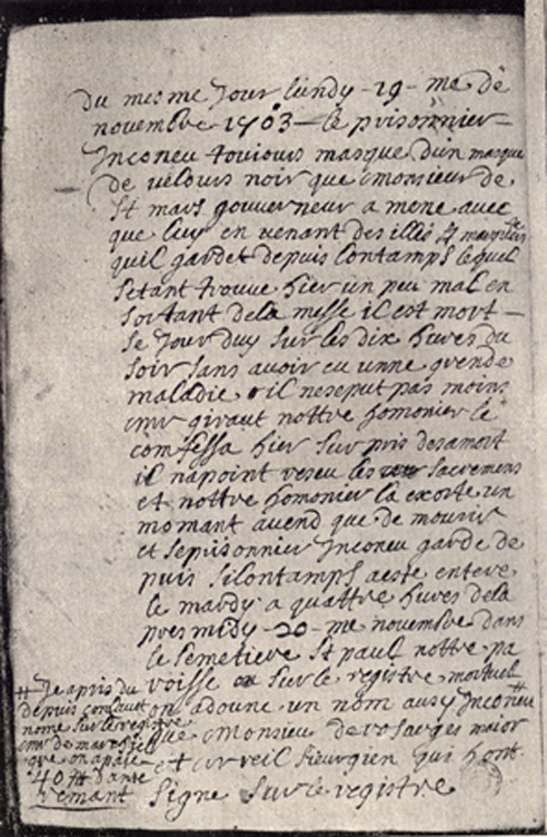 A black and white photograph of a copy of the Note in the Journal of Du Junca about the death of the Man in the Iron Mask.