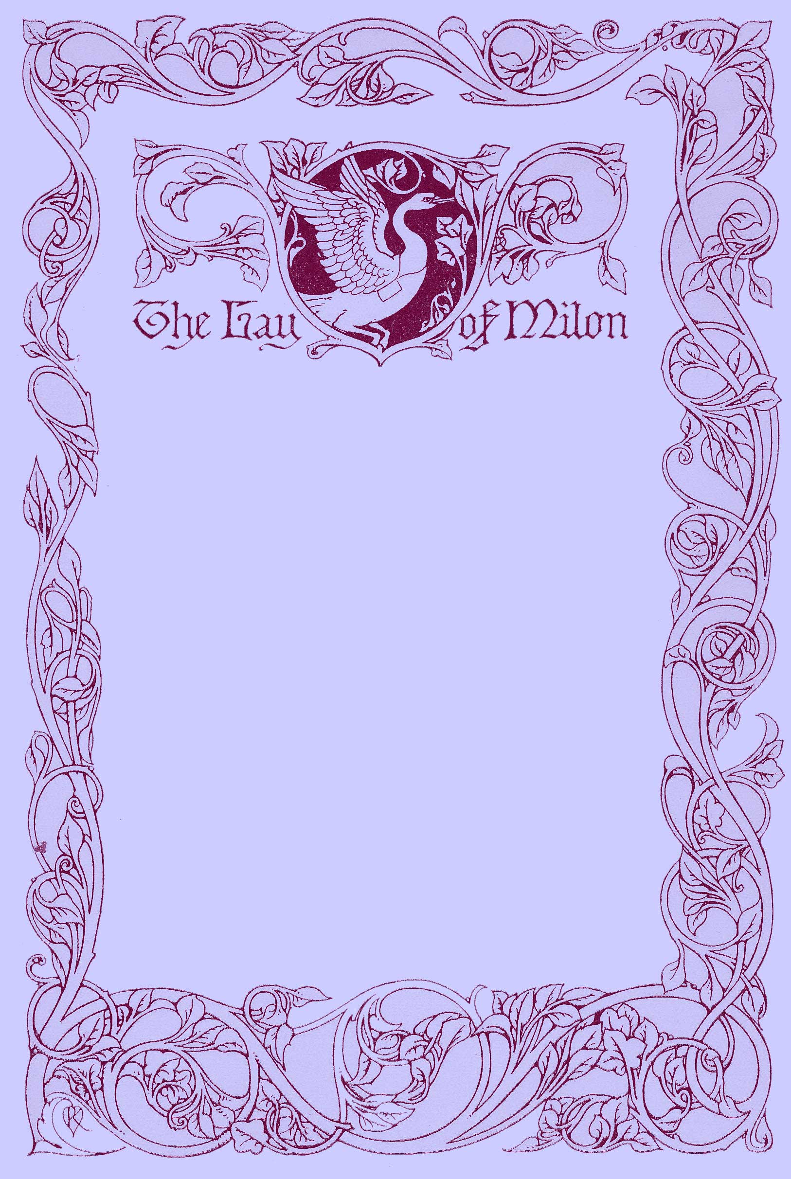 Decorated Title Page by Reginald L. Knowles with a border of climbing vines with grape leaves and a title picture of a swan with wings outstretched.