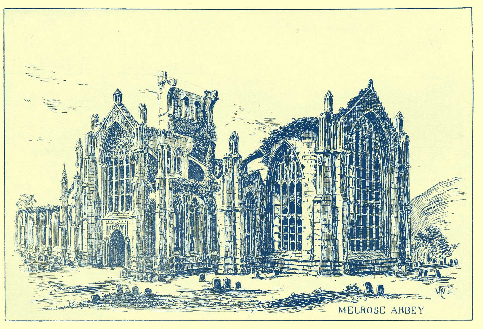 pen and ink drawing of Melrose Abbey, drawn in the late 19th century