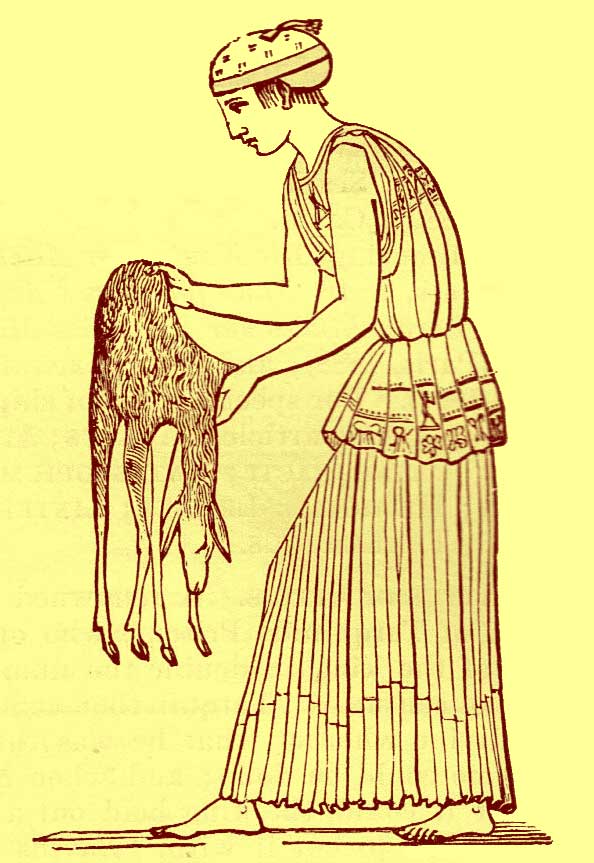 Black and white engraving of a woman, full-length in profile, in Grecian dress, holding with both hands, the complete skin of a fawn, incuding head, legs and hooves, in front of her.