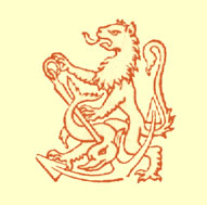 Printers logo for the Chiswick press, of a lion holding an anchor with a sea serpent twined around it, black and white engraving.