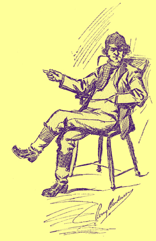 Pen and ink sketch by Percy E. Anderson, of a man seated in a chair, with one leg crossed over another.