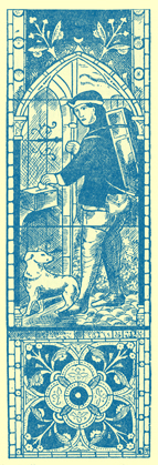 An Engraving of the stained glass window showing the Pedlar and his dog, with his pack on his back.  He is putting a coin into an alms-box.