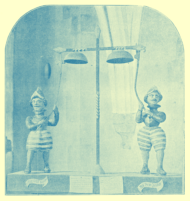 An Engraving of two mustachioed Jacks in striped full knee-length pants and helmets striking the chimes, from Norwich Cathedral, England.