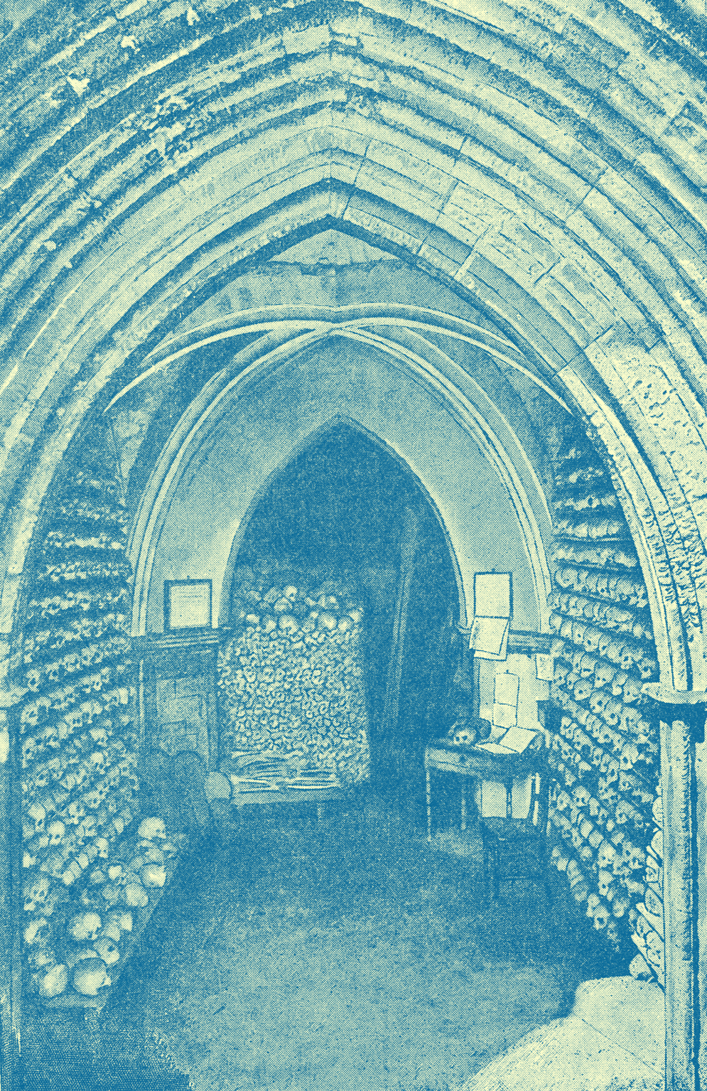 An engraving of the Crypt and Ossuary at St. Leonard’s Church, lined with shelves of bones. Hythe, England.