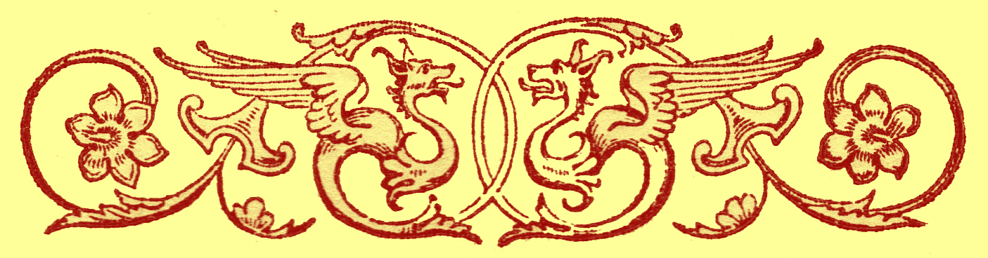 stylized border print of two winged dragons facing each other in a scroll with flowers and interlacing vines