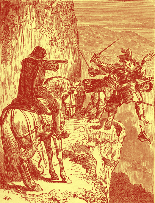 Illustration by E. H. Corbould. Engraving of a figure in man's clothing on horseback, aiming a blunderbuss at 3 men on foot on a narrow path running alongside a high mountain. Apparently the gun has been fired because the surprised men are seen to be starting to fall off the path, as the first man shot falls backwards onto them, making them lose their balance.