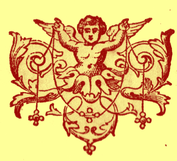 stylized end-piece logo of a cherub holding a garland amid twining leaves