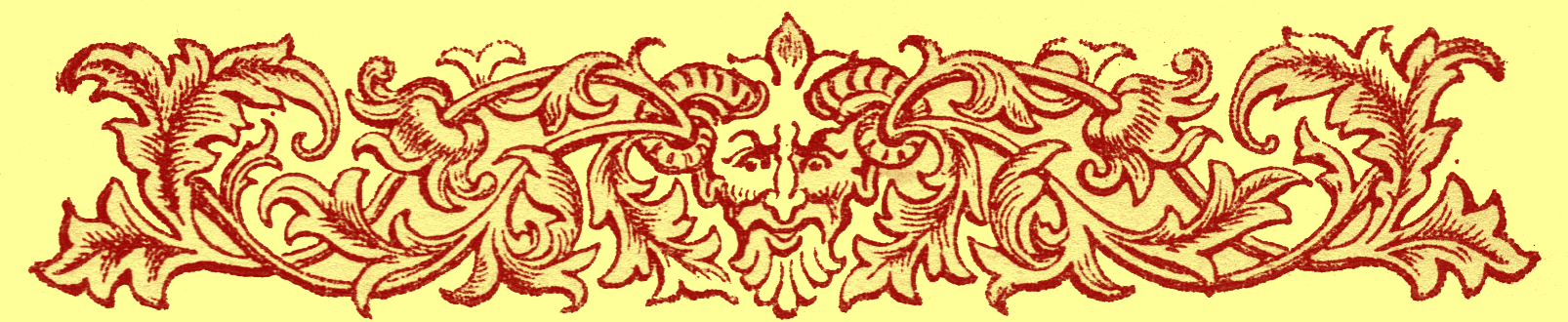 stylized border print of a man with ram's horns and a beard in the center, surrounded with leaves and interlacing vines