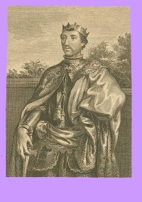 engraving of a 3/4 length portrait of Peter I, King of Castille, he is wearing a crown, has a short pointed beard and a magnificent cape.      He holds a sword, and the handle is seen.      There are trees in the background in the distance.