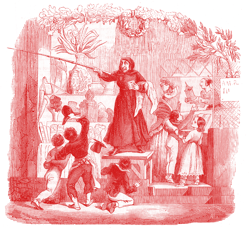 Black and white engraving of an old woman in black with a long stick, surrounded by children and merchandise.