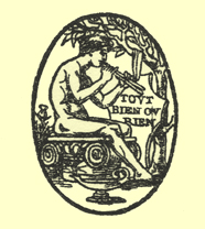 Printers logo of a nude man playing a flute, sitting on an ornate bench.