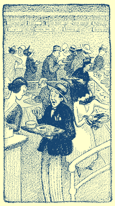 Cartoon, by Frank King, of a man carring a tray in a cafeteria, pointing to the food on his tray with a puzzled expression.  He is talking to a female cashier. Other customers are behind him in line.