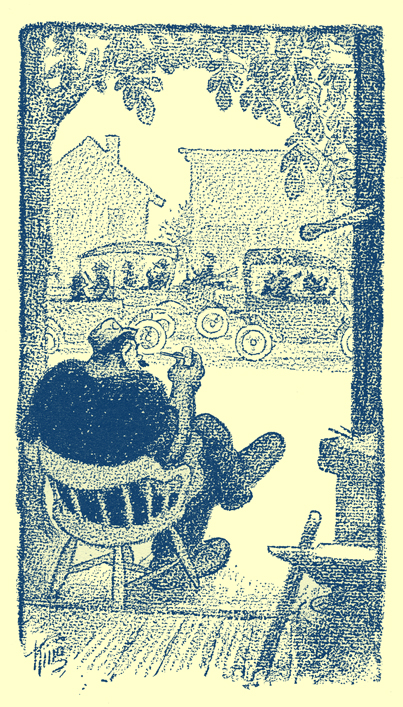 Cartoon, by Frank King, of a blacksmith sitting in a rocking chair at the door of his shop. He is smoking a pipe while looking at old Ford cars on the road going past him.  His anvil is in the foreground.