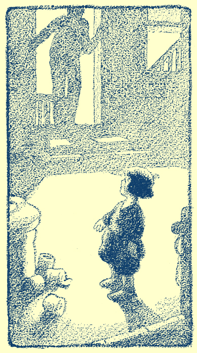 Cartoon, by Frank King, of a toddler in the middle of a room at night, with a shadowy figure of a man in half-darkness looks at her from an open doorway.