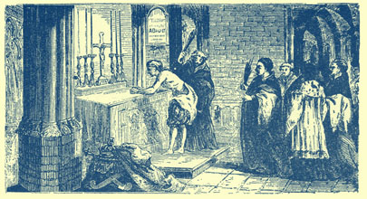 Black and white engraving of a Henry II., bare-chested, and barefoot, leaning on an altar, with a priest flogging him.  Other members of the clergy look on.