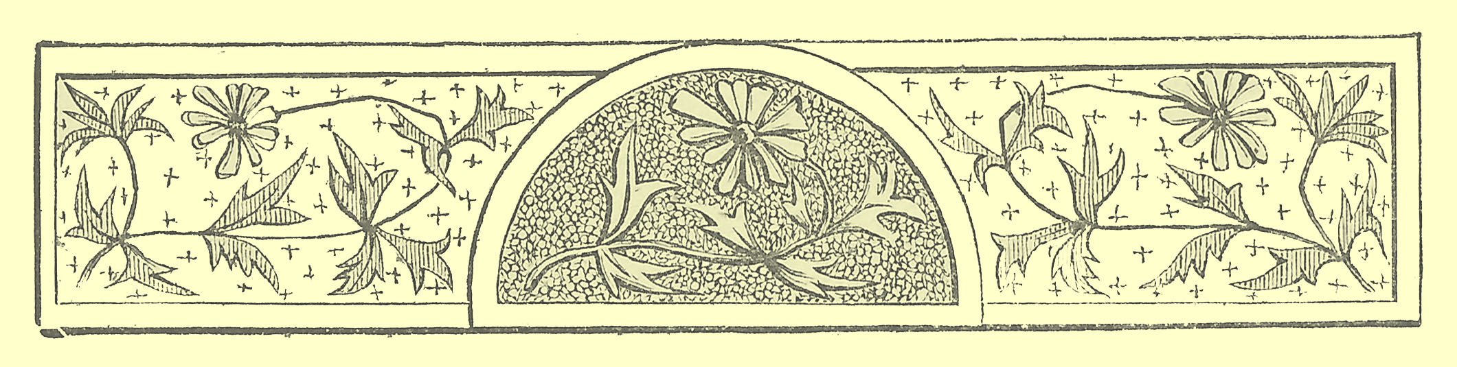 Black and white engraving of the headpiece for the page, with a border around stylized flowers, with thin leaves, like daisies.