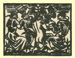 Tame very basic black and white woodcut of the back view of a nude woman in the midst of three clothed monks watching