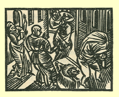 Woodcut of a group of women looking at a woman who has her skirt pulled over her head and her bare legs showing