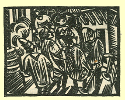 Woodcut of a group of men in procession with a friar in their midst