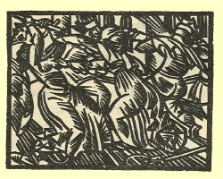 Woodcut of two women fighting with an audience looking on