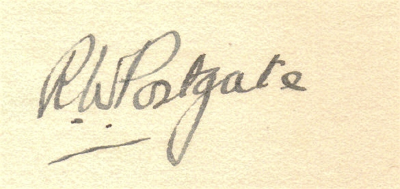 Black and white autograph of Raymond William Postgate.