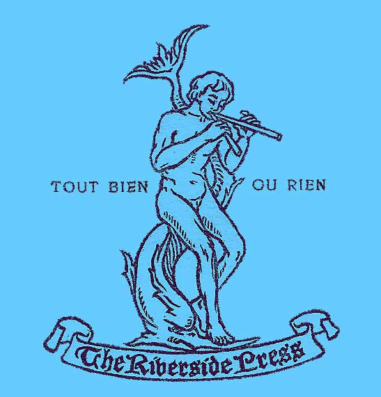 Printers emblem, with a nude youth playing a flute, leaning against a stylized upright dolphin and the motto Tout Bien ou Rien