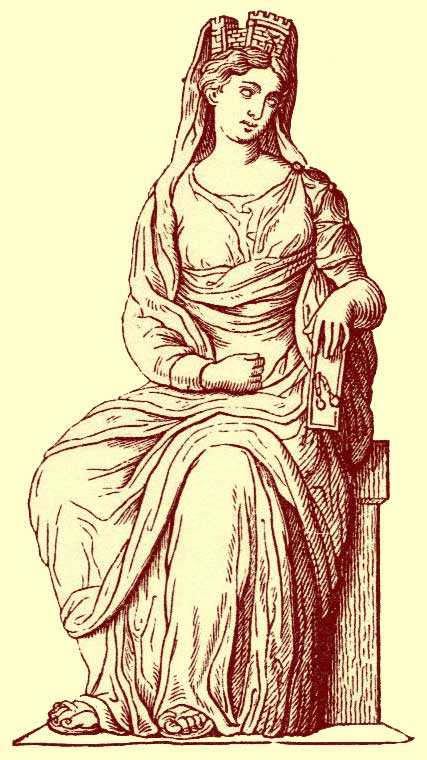 Black and white photograph of ancient artwork showing Rhea seated.  Again, her crown looks like a crenellated castle.  Here, the crown has a veil attached to it.