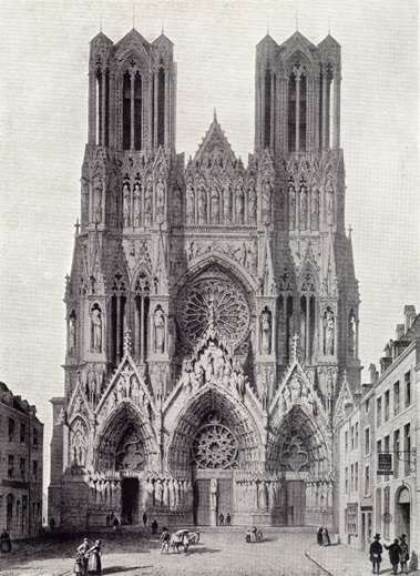 Black and white drawing by G. Simonau of the West Front of Rheims Cathedral, bombed in WWI.