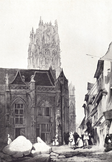 Black and white drawing by T. S. Boys of the Church of St. Laurent, in Rouen.