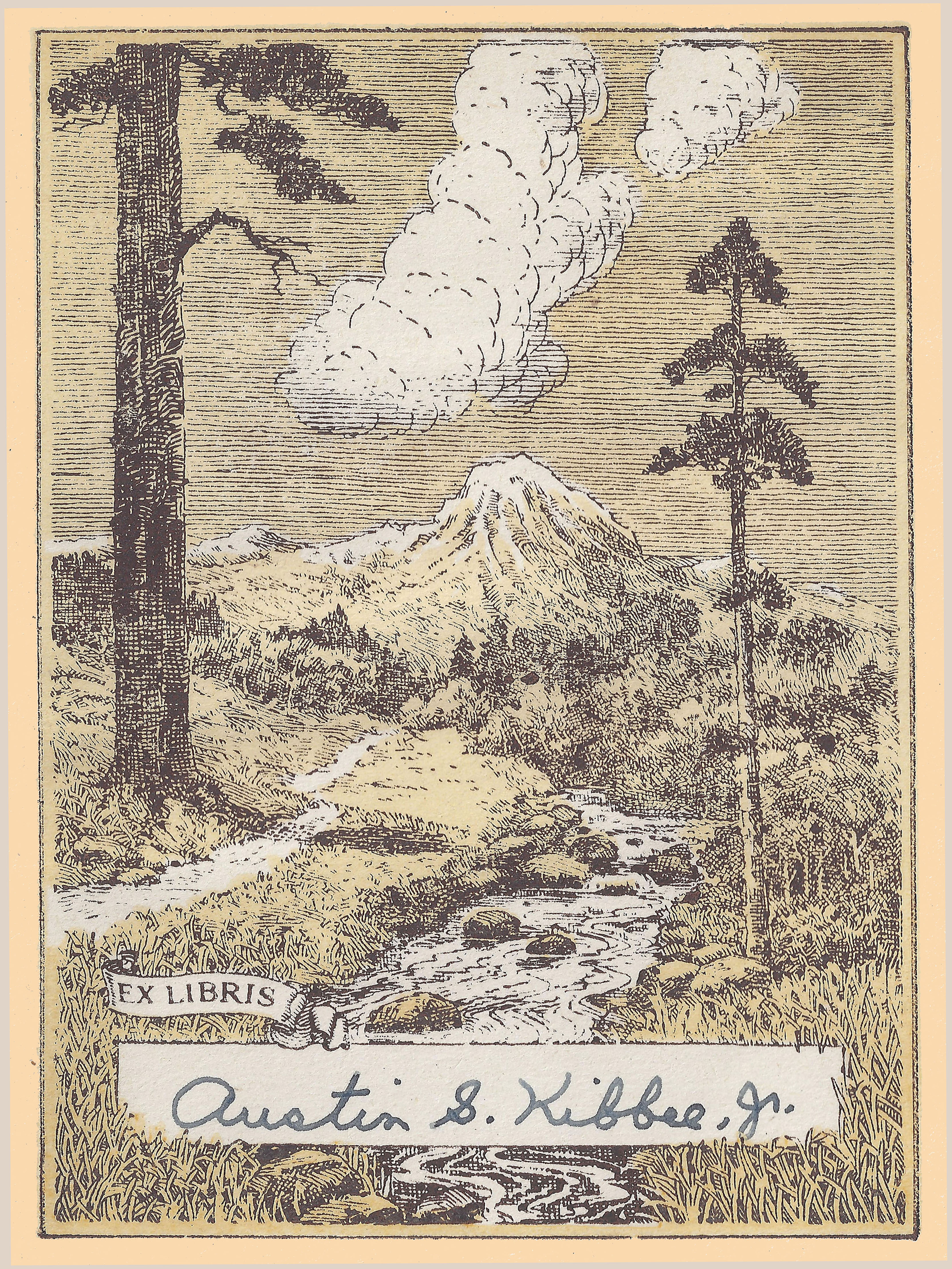 Bookplate of a smoking volcano, with two pine trees on the ground before it and the signature of Austin S. Kibbee, Jr.