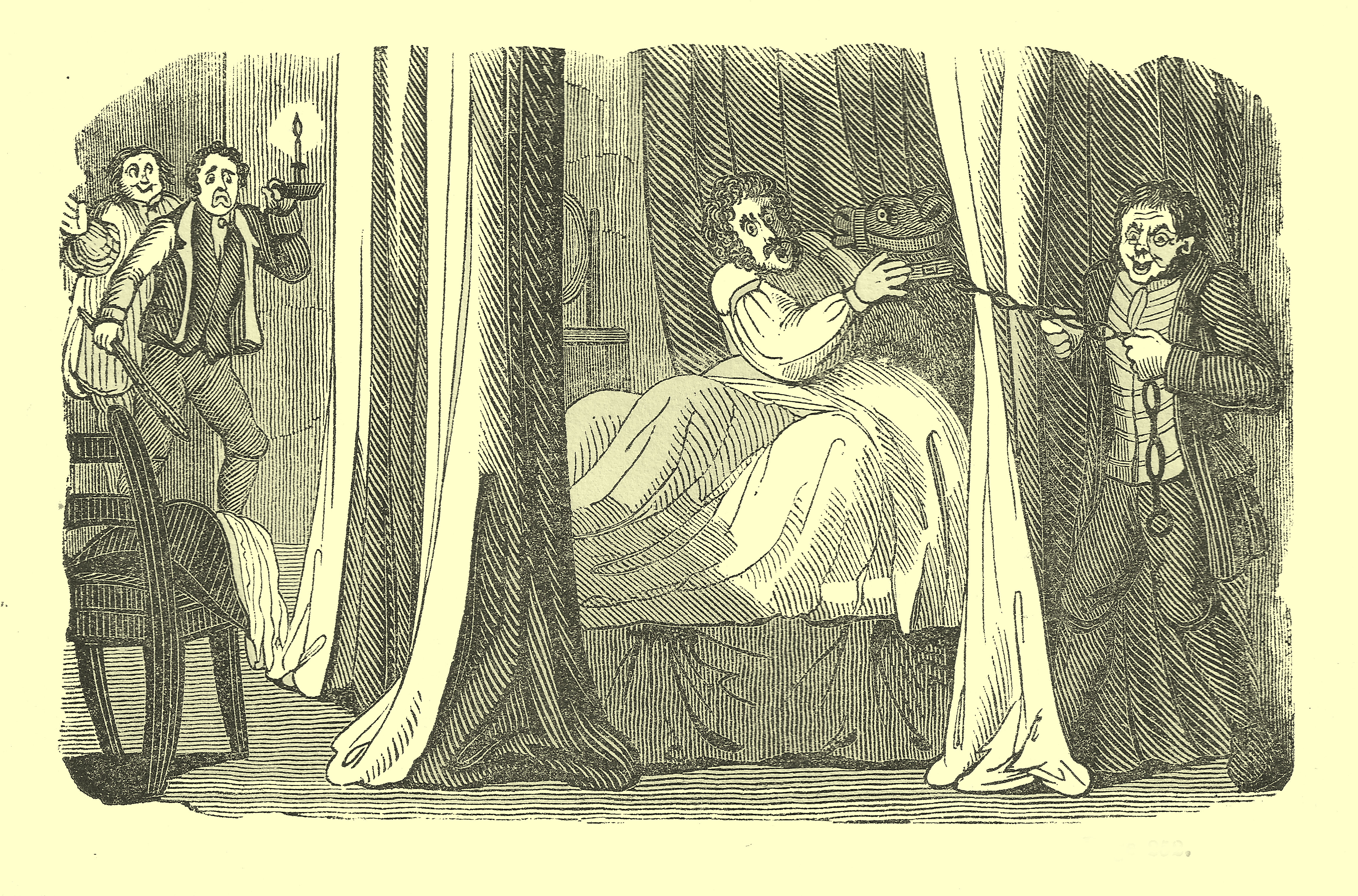 Comic engraving of a frightened man in a nightshirt in a four-poster bed with hangings, with a bear in bed with him.  The bear's handler is standing to the side of the bed. Two people are running up to see what is going on, the first on holding a candle.