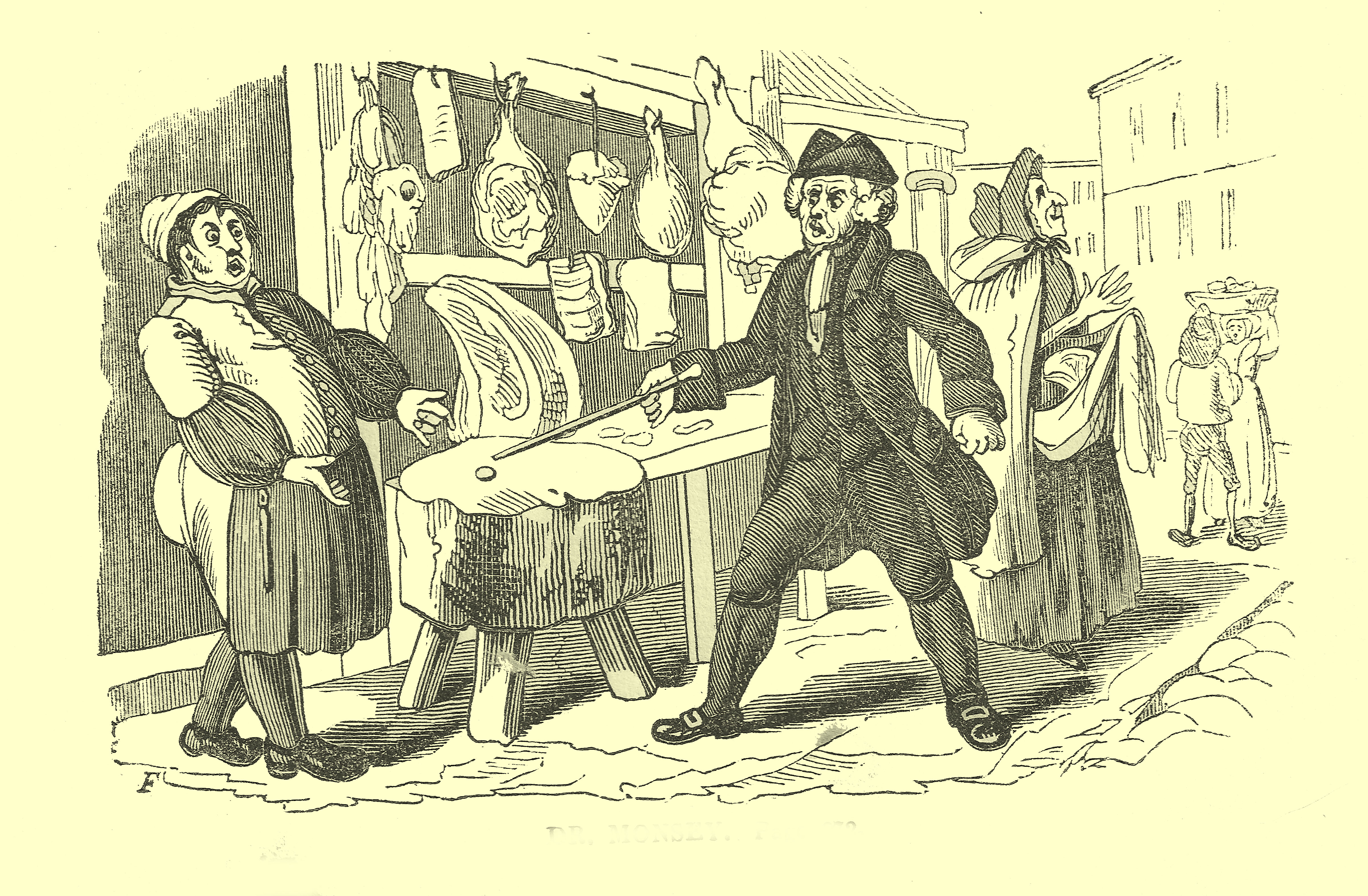 Comic engraving of Dr. Monsey, a man in regency dress, holding a cane and moving towards a butcher, with his wares hung on a wall behind him.