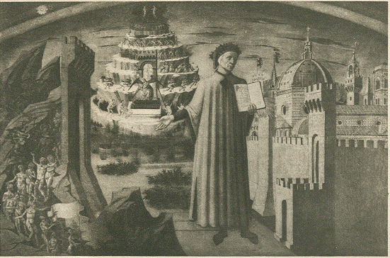 Black and white picture of a portion of a painting by Domenico di Michelino's done in Florence in 1465. It shows Dante, full length in long robes holding a book in the foreground.  In the background buildings of Forence and a terraced hill, The Mountain of Purgatory, with a parade of people walking down it and down to the right of the picture.