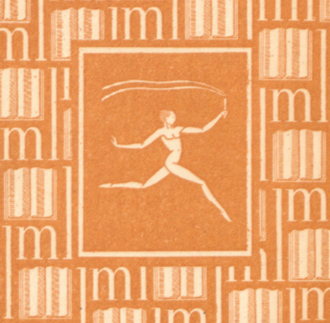 The center of the decorated front papers of the text, with the profile of a stylized nude runner in profile, running to the right (as you look at the pae) carrying a torch, surrounded by a pattern of open books.