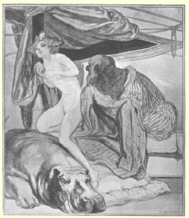 Picture of a nude girl sitting on a couch with a man looking after covered in a robe and a hippo lying at their feet, by Marquis de Bayros.