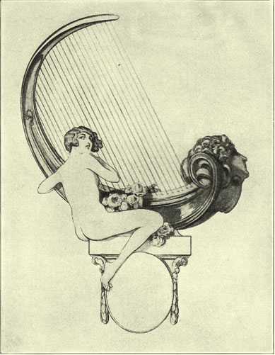 A Black and White Lithograph of a painting by the Marquis de Bayros, of a nude woman, with short hair, playing a large harp, while seated on a bench.